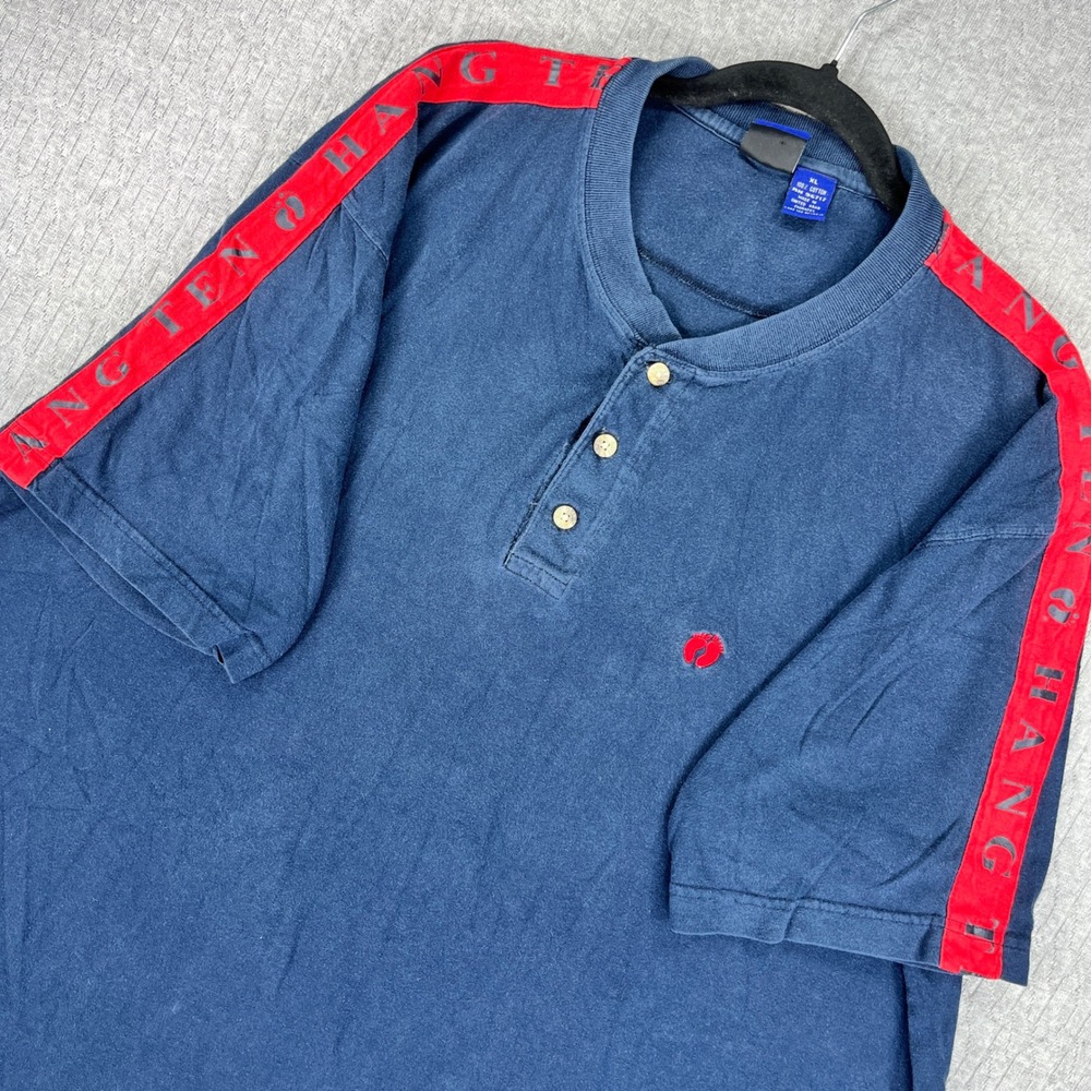 Vintage Hang Ten Henley Shirt Men XL Blue Red Tape Logo Short Sleeve Cotton